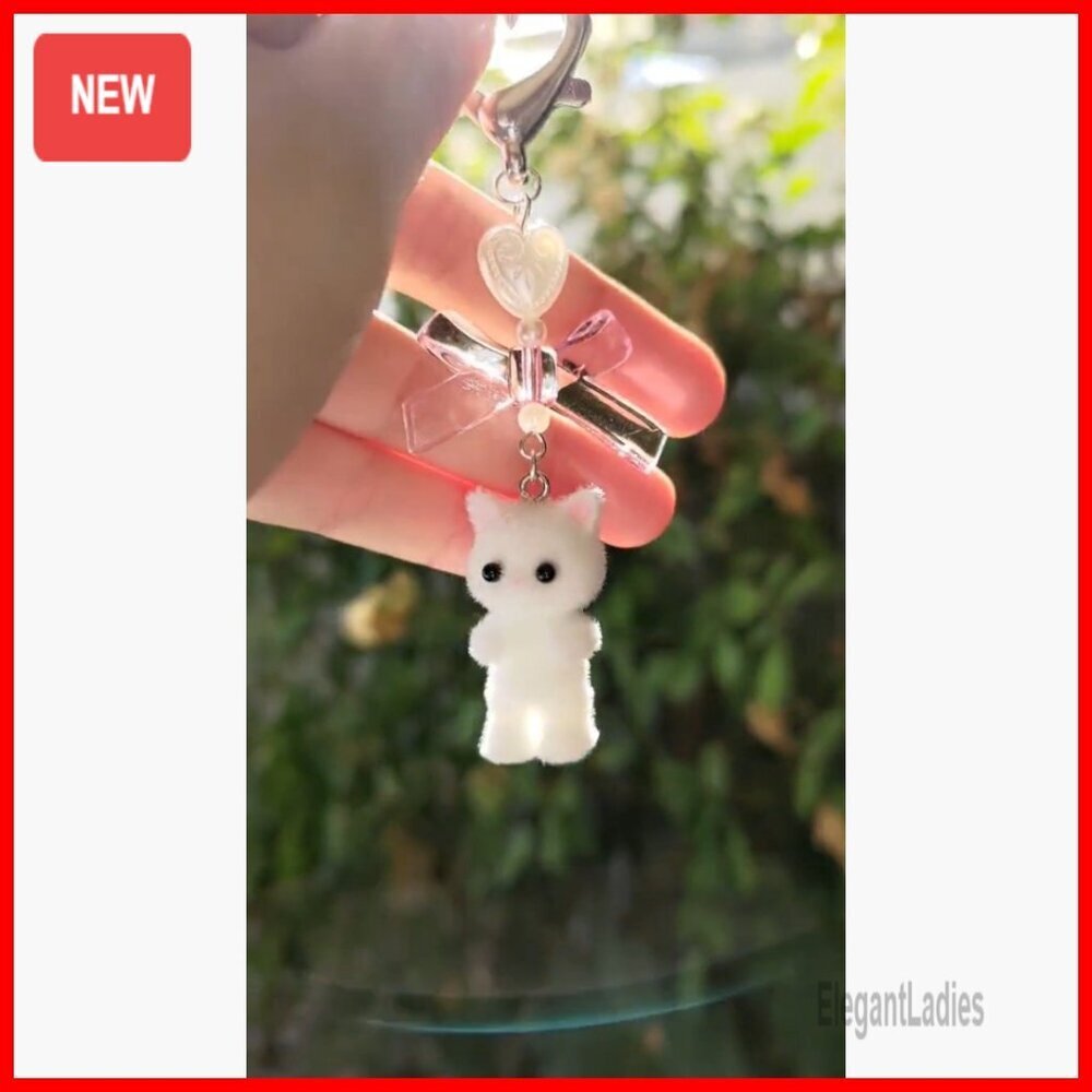 Faux Fur Cat Keychain with Heart Clip, 9cm Bag Charm - Picture 7 of 7
